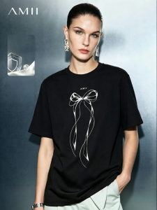 AMII | Áo Thun Cotton In Chấm Bi Dạng Dốc Có Nơ Dây Vòng Cổ Rộng Tay Xụp