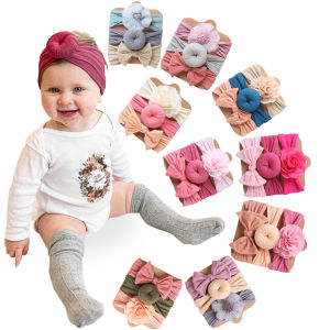 3Pcs/Lot Solid Nylon Baby Headbands Lace Flower Bow Hair Bands Newborn Donuts Headwraps Cute Fashion Kids Headwraps