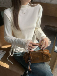 Sweet Spicy Girl Lace Ear Flower Edge Half High Collar Long Sleeve T-Shirt Base Shirt Women Autumn Winter Thickened Upper Body