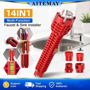 Aitemay 14-in-1 Multifunction Faucet & Sink Wrench Set Anti-Slip Plumbing Tool with Aluminum Alloy Rod Labor-Saving Design for Kitchen Bathroom Repair Includes Spirit Level