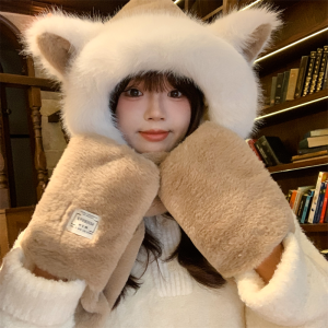 Fox Hat Scarf Integrated Womens Autumn and Winter Cycling Cold Protection Scarf Warm-Keeping and Cold-Proof Plush Cute Earflaps Cap