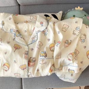 Spring Autumn Cotton Sleepwear Womens Long Sleeve Cardigan Style Home Clothes Set Cartoon Print Outerwear for Young Girls