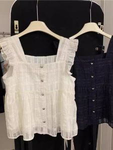 Elegant French Style Square Collar Sleeveless Shirt Women Summer Trendy Design Sensation Fly Sleeve Top Youthful Fashionable Small Shirt