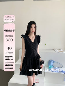 French V-neck Ruffle Hem Girl Dress Women Summer New Design Irregular Elegant Short Skirt Pure Desire High Waist Sleeveless