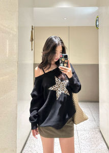 American Style Hot Girl Leopard Print Five Pointed Star Shoulder Hoodie Womens Loose Slimming Black Shoulder Bared Top