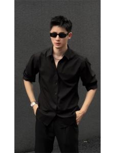 Fancy Handsome Men Half Sleeve Shirt Trendy Neapolitan Black Shirt Draping Effect Ice Silk Short Sleeve Tops