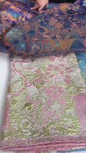 Luxury Soft Pink & Mint African Brocade Jacquard Lace Fabric with Gold Floral Vine Pattern For Wedding Dress DIY Craft (5 Yards)