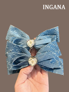 French Vintage Blue Denim Hair Clips Womens Sweet Bowknot Spring Clamp Half up Fringe Side Top Clip Hair Accessories