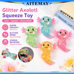 Aitemay Colorful Glitter Translucent Axolotl Squishy Toy - Stretchy Stress Relief Fidget Squeeze - Anti-Anxiety Gift for Kids Adults Birthday Supplies Portable