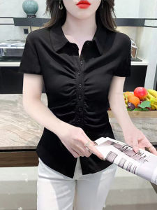 GELUOLIAN | Áo Sơ Mi Ngắn Tay Kiểu Cổ Xếp Nút Đơn Giảm Cân Phong Cách Vintage