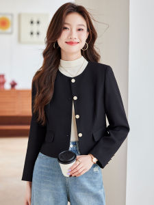 Black Chic Style Womens Jacket Long Sleeve Casual Versatile Autumn Fashion Top Match with Any Bottom Wear round Neck Button Detail