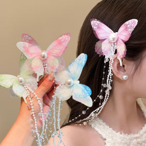 ปิ่นปักผมประดับพู่ผีเสื้อตาข่ายนางฟ้าสุดวิเศษ2ชิ้นกิ๊บติดผมด้านข้างสำหรับผู้หญิงหญิงสาวกิ๊บปากเป็ดมุกเทียม