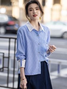 Blue Striped Polo Collar Shirt Womens Patchwork Design Commute Korean Style Loose Fit Long Sleeve Polyester Fiber Shirt