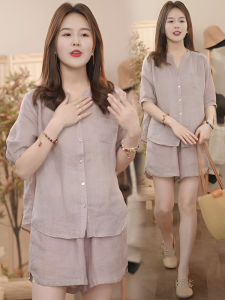 Summer 2025 Womens Loose Fit Linen Shirt And Short Pants Two-Piece Set plus Size Slimming Solid Color Fashionable Ensemble