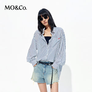 MO&Co. | Navy and White Striped Loose Drop Shoulder Shirt