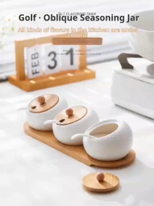 Ceramic Seasoning Jars with Spoon Wooden Lid Kitchen Supplies White Spice Organizer Canister Set Sugar Box Seasoning Organizer