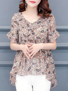 DAIXIANGFEIZI | Áo Blouse Voan Hoa Cổ V Tay Ngắn Dài Trung Bình