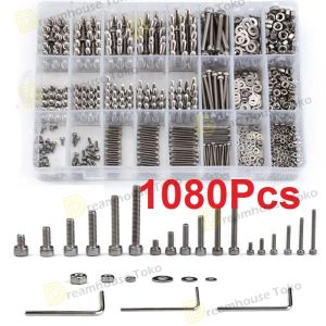 Baut Mur Washer Ring Set Bulat Hex M2 M3 M4 Paket 1080 pcs Kunci L Stainless SS 304 Hex Head Socket Screw Nut Washer/1080PCS Mur dan Baut Set 304 Stainless Steel M2 M3 M4 Kepala Datar Hex Socket Cap Sekrup Kacang Kit