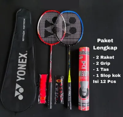 RAKET BADMINTON PAKET SUPER LENGKAP TERUSAN 2 RAKET + 2 GRIP + 2 TAS + 1 SLOP KOK PACKING KAYU AMAN