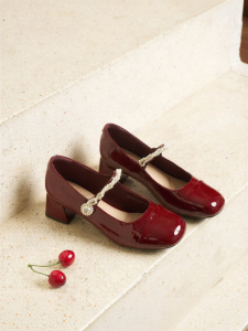 Josiny | Red Coarse Heel High Heels Women Mary Jane Wedding Single Shoe