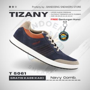 TIZANY x BANDOENG SNEAKERS STORE - Sepatu Kets Sneakers Pria Sporty Terbaru Brand Tizany Warna Navy Kombinasi Sepatu Sneaker Kasual Pria T 5061 - Bonus Kaos Kaki