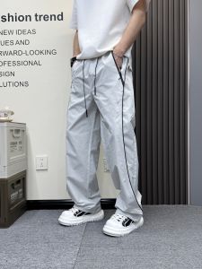 Quần Dài Nam Mùa Hè 2025 Quần Dài Thường Ngày Kẻ Sọc Mới Rộng Rãi Thoáng Khí Mát Mẻ Ống Rộng Dài Bằng Cotton Pha Trộn