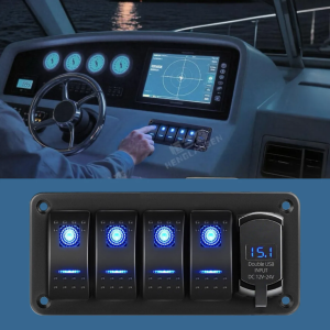 HL 4/5+1 Gang Rocker Switch Panel With USB IP68 Waterproof LED Backlight On/Off Dual USB Charger Voltmeter Marine off-road use