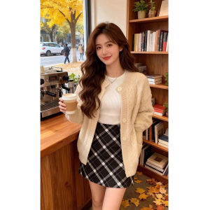 Stylish High End Spring Skirt Plaid Tweed A-Line Flared