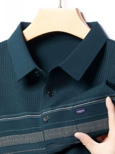 ROMON | Lormen Mens Long Sleeve Striped Polo Shirt Casual Pure Cotton Business Style Autumn New Fashion Dad Clothes