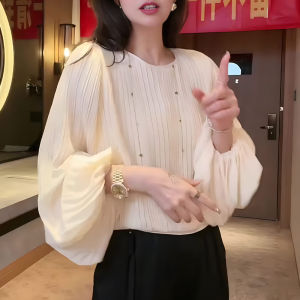 Fashionable White Pleated Lantern Sleeve Shirt Womens plus Size Design Spring Autumn New Style Commute Style round Neck Shirt