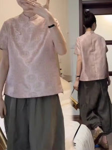 Shalldoer | New Chinese Style Womens Summer Shirt And Pants Set Short Sleeve Stand Collar Button Straight Leg Casual Two Piece Outfit