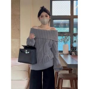 Christmas Red Twist Shoulder Thickened Knitted Sweater Womens Loose Soft Shoulder Exposure Top for Autumn Winter New Year