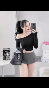Áo croptop lệch vai tay dài KVYBODY A49 chất thun cotton borip lụa dày mịn co giãn thích hợp mặc ở nhà đi chơi