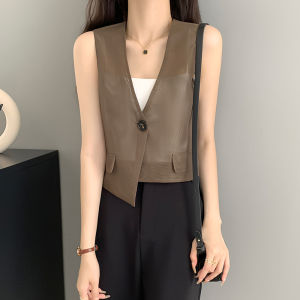 Summer Short Mesh Vest Womens Style 2025 Irregular Design Casual V-neck Thin Backless Tank Top Polyester Fiber Pure Color