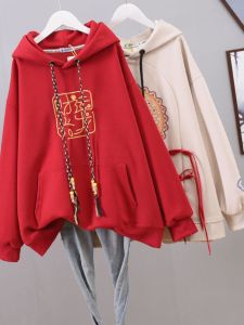 2024 Code Tide Dragon Year New Arrival Womens Hooded Pullover Loose Fit Thin Section Long Sleeves Cotton Polyurethane Elastane Fabric with Kangaroo Pocket for Spring Season