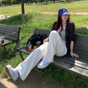 Slimming High Waist Wide Leg Straight Cut Floor-Length Womens White Jeans Casual Style High Waist Long Pants Wear Resistant