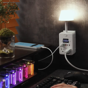 CHIEFWAY 11-IN-1 Power Strip with Digital Clock & Night Light - 4 AC Outlets & 5 Fast Charging USB Ports(including 2 Type C) Surge Protection Socket Extender for HomeBedside