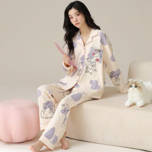 Miiow | Womens Long Sleeve Sleepwear Set With Chest Pad Home Wear Outerwear Cute Cotton Comfortable Spring Autumn Seasonal Clothing