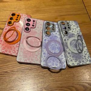 Rotating Magnet Stand Leopard Print Phone Case for Samsung S26 S25 Ultra S24 Plus FE Lens Protection Shockproof Glitter Cover
