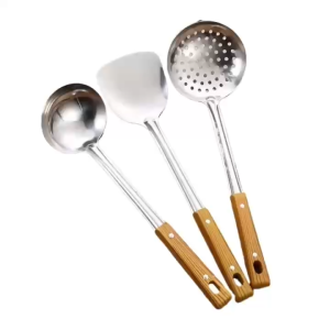 BINLU 3pcs Kitchen Cooking Utensils Set - Stainless Steel with Plastic Wooden Handle Soup Ladle Frying Spatula Skimmer Modern Design Easy Storage Space-Saving Complete Cookware Set for Home Cooks and Culinary Tasks