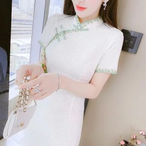 ชุดเดรสกระโปรงสั้นสไตล์จีนใหม่ กระโปรงสั้นเอวสูง แขนกุด คอวี กระโปรงทรงเอ ชุดเดรสฤดูร้อนสำหรับผู้หญิง