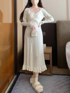 Soft Knitted Base Layer Dress with Wooden Ear Trim Fall Winter Fashion Slimming Mid-Length Fairy Skirt Polyester Nylon Acrylic Blend