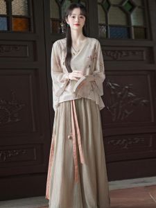Summer 2024 Zen Style Improved Hanfu Set Womens Wide Leg Pants Song Dynasty Top Loose Meat Covering Tang Costume Top