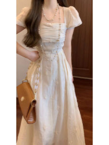 Summer 2026 Gentle Style Slimming Long Dress High Waist Short Sleeve A-Line Silhouette Embroidered Womens Fashion Dress