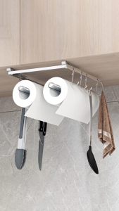 Giá treo 2 cuộn giấy lau bếp đồ bếp gắn thành tủ bếp Hobby Home Decor NVTG - kèm 8 móc treo đồ Inox 304