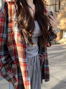 Áo Sơ Mi Nữ Dáng Rộng Cổ Polo Kẻ Caro Phong Cách Hàn Quốc Mùa Xuân Thu 2024 Áo Khoác Ngoài Thường Ngày Cho Học Sinh