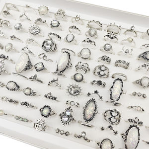 50pcs/Lot Wholesale Hot Big Fake Opal Carved Finger Rings for Women Party Beauty Crystal Flower Moon Sun Skull Crown Bar Jewelry