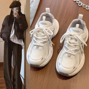 Womens Thick Bottom Dad Shoes Spring New Style Breathable Casual Sports Sneakers Leather Mesh up up Closure round Toe Rubber Sole