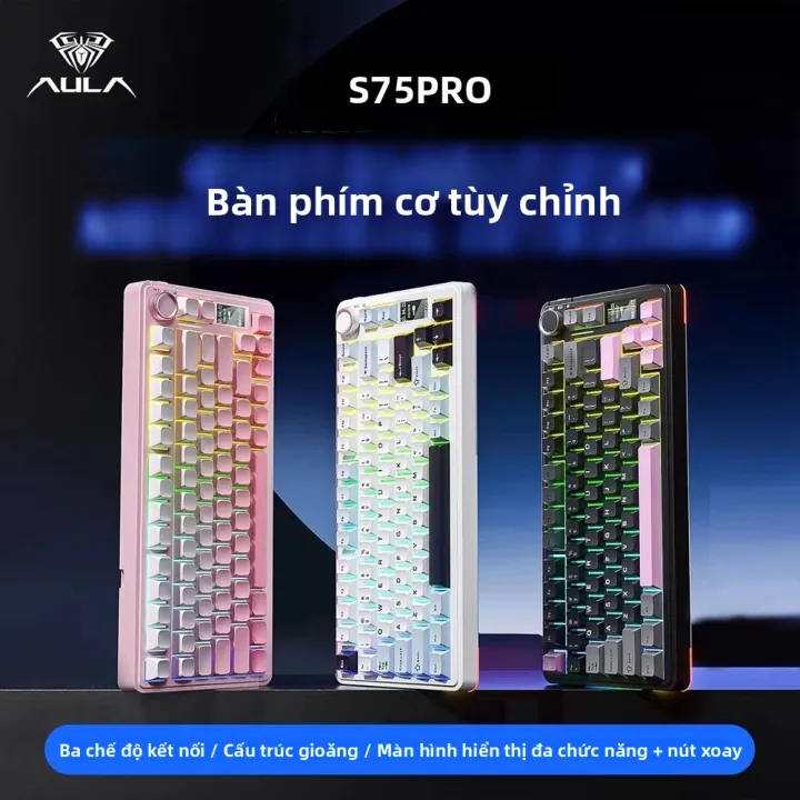 Bàn Phím Cơ Chơi Game AULA S75 Pro 75% RGB Có Đèn Nền Không Dây Với Núm Điều Khiển Màn Hình LED, Hỗ Trợ Thay Nóng, Keycap PBT Dành Cho Máy Tính Để Bàn, Laptop, Máy Tính Bảng