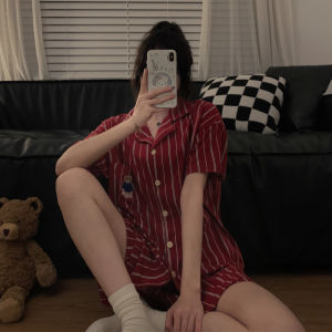 Cotton Pajamas Couple Summer Loose Short Sleeve Turn-down Collar Mens Bear Home Clothes Two-piece Set Sweet Style Home Clothes